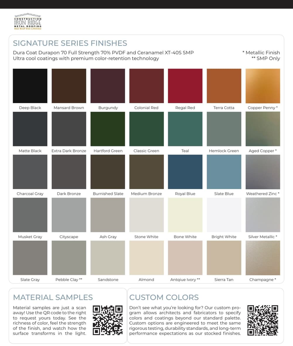 Iron Ridge color finishes chart showcasing Signature Series options and custom color samples.